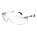 Vista diagonal de las gafas panorámicas de seguridad JORESTECH transparentes con protecciones laterales para protección contra impactos altos. Las patillas de estas gafas que cumplen con ANSI tienen detalles en negro