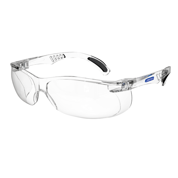 Vista diagonal de las gafas panorámicas de seguridad JORESTECH transparentes con protecciones laterales para protección contra impactos altos. Las patillas de estas gafas que cumplen con ANSI tienen detalles en negro