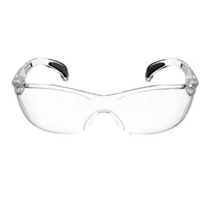 Vista frontal de las gafas panorámicas de seguridad transparentes JORESTECH para protección de alto impacto. Las patillas de estas gafas cumplen con la norma ANSI y tienen detalles en negro.