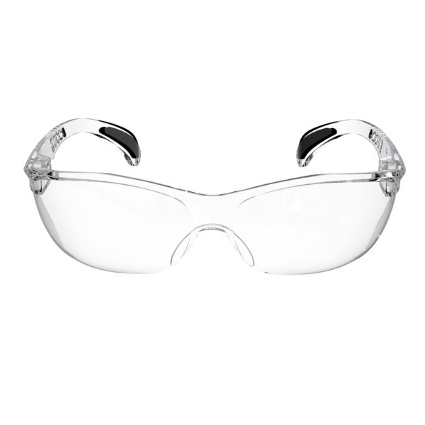 Vista frontal de las gafas panorámicas de seguridad transparentes JORESTECH para protección de alto impacto. Las patillas de estas gafas cumplen con la norma ANSI y tienen detalles en negro.
