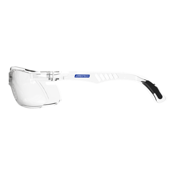 Vista lateral de las gafas panorámicas de seguridad JORESTECH transparentes para protección de alto impacto. Las patillas de estas gafas con cumplimiento ANSI tienen detalles en negro.
