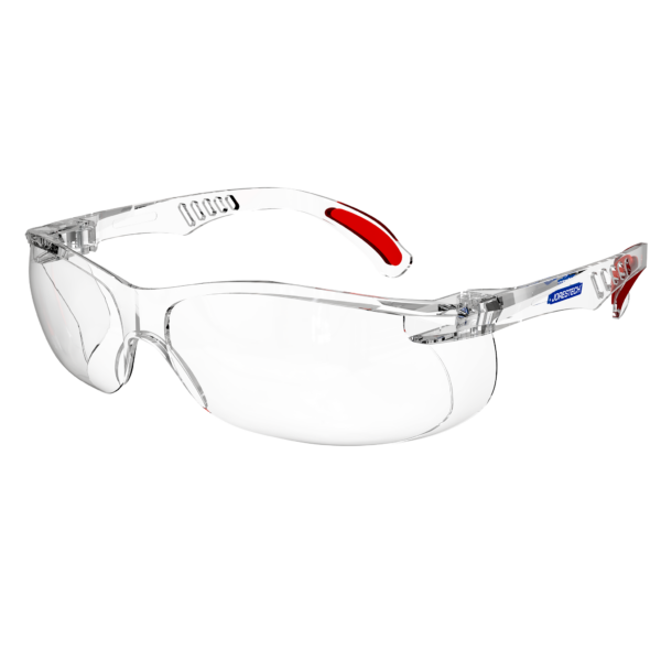 Vista en diagonal de las gafas panorámicas de seguridad transparentes JORESTECH con protectores laterales para protección contra impactos altos. Las varillas de estas gafas compatibles con ANSI tienen detalles en rojo.