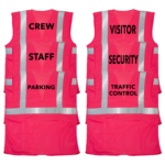 Características 6 chalecos de seguridad JORESTECH en color rosa con impresión. Los estampados en los chalecos personalizables dicen: traffic control, security, visitor, parking, staff y crew