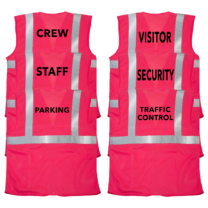 Características 6 chalecos de seguridad JORESTECH en color rosa con impresión. Los estampados en los chalecos personalizables dicen: traffic control, security, visitor, parking, staff y crew