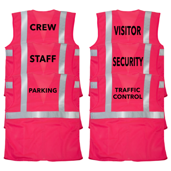 Características 6 chalecos de seguridad JORESTECH en color rosa con impresión. Los estampados en los chalecos personalizables dicen: traffic control, security, visitor, parking, staff y crew