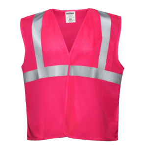 Vista frontal del chaleco de seguridad de malla de alta visibilidad JORESTECH en color rosa con tiras reflectantes de 2 pulgadas.