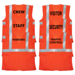 Características de 6 chalecos de seguridad naranjas impresos. Los textos impresos en los chalecos dicen: traffic control, security, visitor, parking, staff y crew.