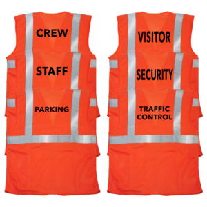 Características de 6 chalecos de seguridad naranjas impresos. Los textos impresos en los chalecos dicen: traffic control, security, visitor, parking, staff y crew.
