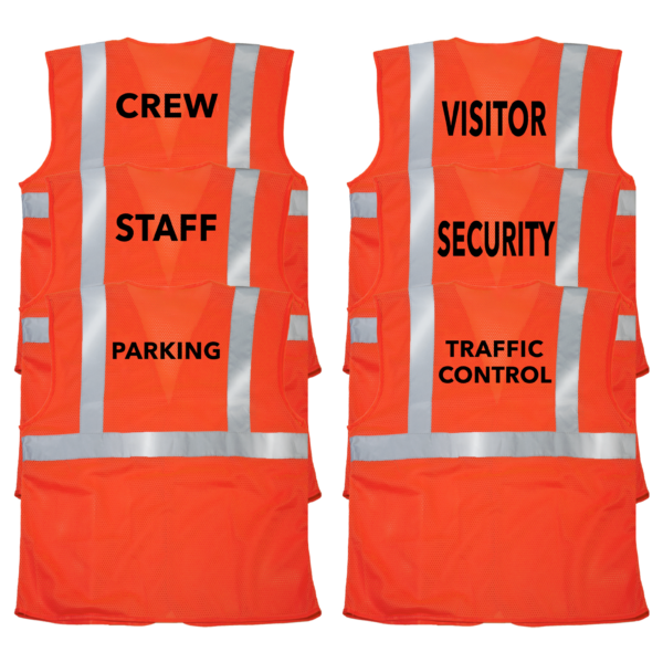 Características de 6 chalecos de seguridad naranjas impresos. Los textos impresos en los chalecos dicen: traffic control, security, visitor, parking, staff y crew.
