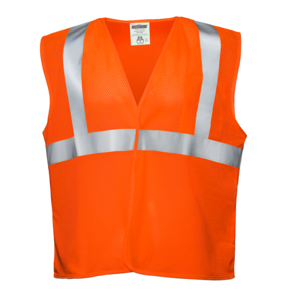 Vista frontal del chaleco de seguridad de malla naranja de alta visibilidad JORESTECH con impresión, con bandas reflectantes de 2 pulgadas y bolsillo