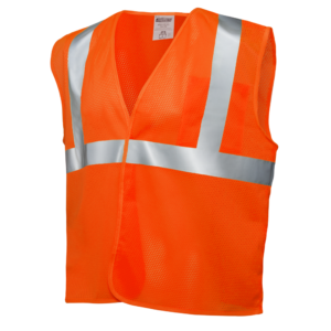 Vista diagonal del chaleco de seguridad ANSI de alta visibilidad naranja impreso con cinta reflectante de 2 pulgadas y bolsillo