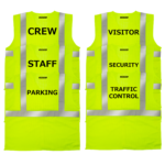 6 chalecos de seguridad JORESTECH amarillo lima impresos con texto y logotipo. Los impresos dicen: traffic control, security, visitor, parking, staff y crew