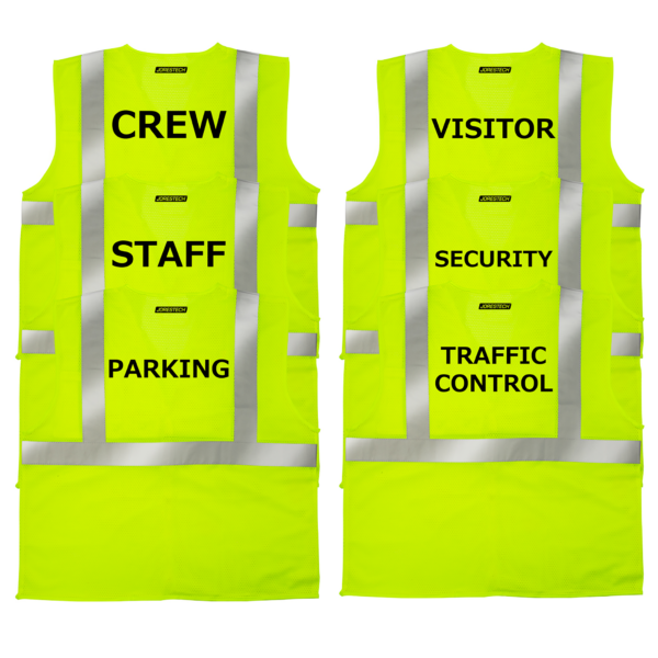 6 chalecos de seguridad JORESTECH amarillo lima impresos con texto y logotipo. Los impresos dicen: traffic control, security, visitor, parking, staff y crew