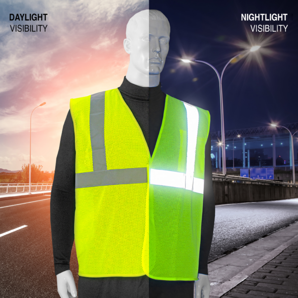 Maniquí vistiendo un chaleco de seguridad Jorestech color lima estampado y comparando lo brillante que se ve durante el día y la noche