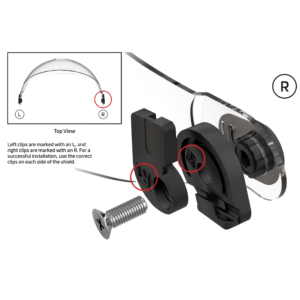 Muestra cómo colocar las diferentes partes para que el protector ocular quede instalado correctamente en el casco de seguridad. Hay clips para el lado derecho y clips para el lado izquierdo.