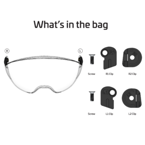 Muestra todas las piezas incluidas para ensamblar la protección ocular en un casco de seguridad
