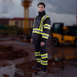 Conjunto de chaqueta y pantalón impermeables de alta visibilidad en dos tonos con X en la espalda - Image 10