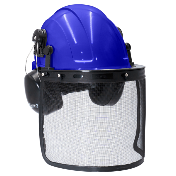 Casco de seguridad tipo gorra azul con pantalla facial de malla de hierro y orejeras para protección auditiva