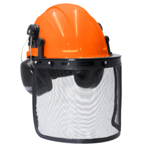 Casco de seguridad estilo gorra naranja con pantalla facial de malla de hierro y orejeras para protección auditiva