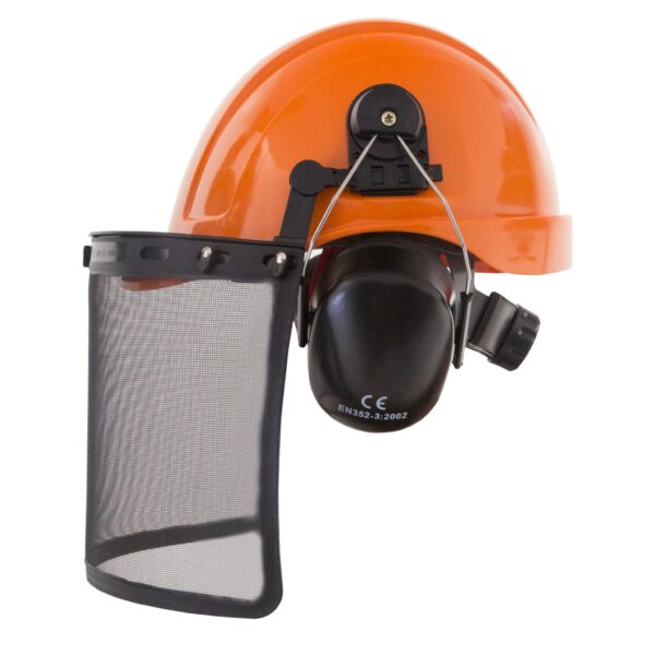 Kit de casco de seguridad tipo gorra naranja con pantalla facial de malla de hierro y orejeras para protección auditiva