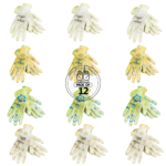 12 pares de guantes de jardinería JORESTECH con palmas recubiertas de nitrilo. Todos los pares tienen motivos de flores en blanco, verde, amarillo y azul