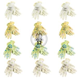 12 pares de guantes de jardinería JORESTECH con palmas recubiertas de nitrilo. Todos los pares tienen motivos de flores en blanco, verde, amarillo y azul