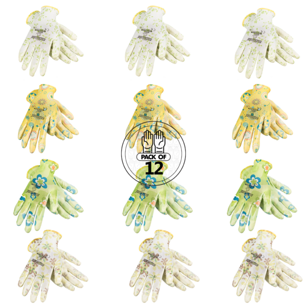 12 pares de guantes de jardinería JORESTECH con palmas recubiertas de nitrilo. Todos los pares tienen motivos de flores en blanco, verde, amarillo y azul