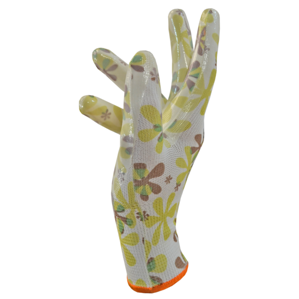 Guante ligero para mujer para jardinería y paisajismo, estampado con flores y recubierto con nitrilo sumergido