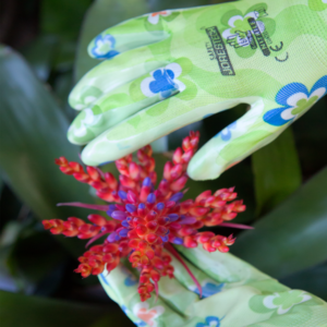 Primer plano de los guantes de jardinería de seguridad JORESTECH con palmas recubiertas de nitrilo junto a una bromelia roja