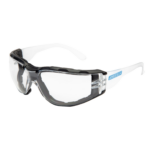 Vista diagonal de las gafas de seguridad transparentes JORESTECH para protección de alto impacto con una junta de espuma negra