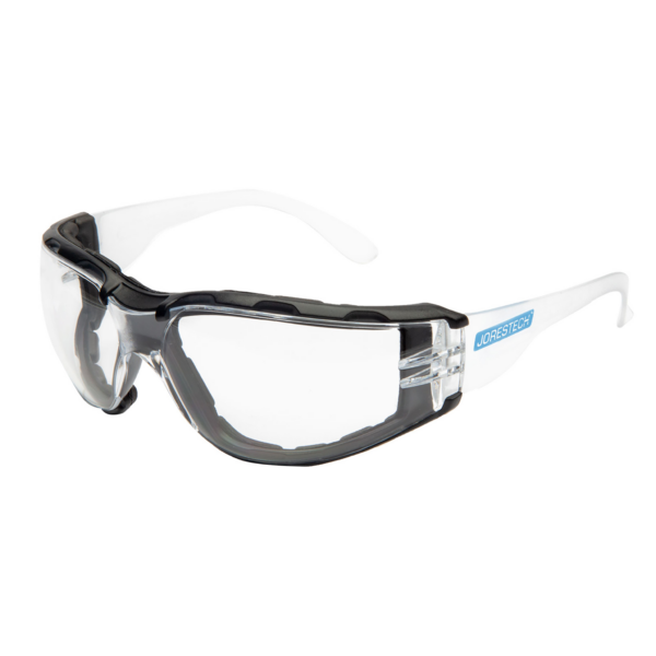 Vista diagonal de las gafas de seguridad transparentes JORESTECH para protección de alto impacto con una junta de espuma negra