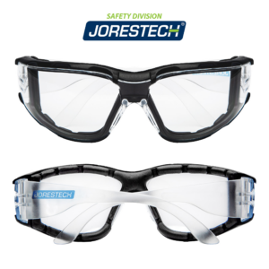 Vista frontal y trasera de las gafas de seguridad transparentes JORESTECH para protección contra impactos fuertes con una junta de espuma negra. Ambas imágenes de las gafas tienen las patillas plegadas