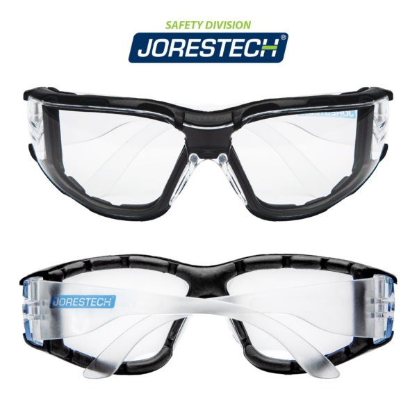 Vista frontal y trasera de las gafas de seguridad transparentes JORESTECH para protección contra impactos fuertes con una junta de espuma negra. Ambas imágenes de las gafas tienen las patillas plegadas