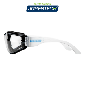 Vista lateral de las gafas de seguridad transparentes JORESTECH ANSI Z87+ para protección de alto impacto con junta de espuma negra, sobre fondo blanco.