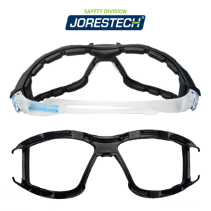 Presenta las gafas de seguridad de policarbonato con la junta de espuma instalada en la parte superior y la pieza de junta negra desmontable debajo