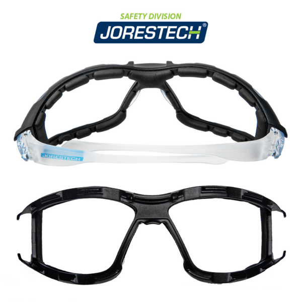 Presenta las gafas de seguridad de policarbonato con la junta de espuma instalada en la parte superior y la pieza de junta negra desmontable debajo