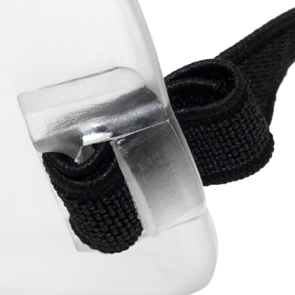 Primer plano que muestra la fijación de la banda elástica a las gafas JORESTECH para protección ocular