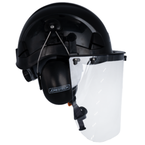 Vista lateral del sistema de casco negro 3 en 1 Jorestech con pantalla facial y orejeras montables