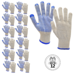 12 pares de guantes de punto de seguridad multiusos JORESTECH blancos con puntos de PVC azules en la palma