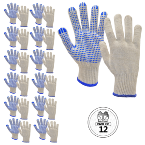 12 pares de guantes de punto de seguridad multiusos JORESTECH blancos con puntos de PVC azules en la palma