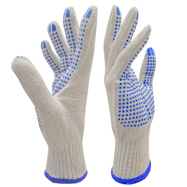 Un par de guantes de seguridad tejidos multifunción JORESTECH blancos y azules con puntos antideslizantes de PVC