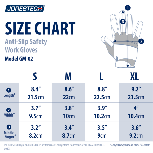 Tabla de tallas del guante de trabajo multipropósito rosa JORESTECH