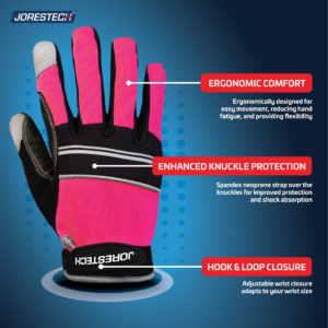 Guantes de trabajo diseñados ergonómicamente para reducir la fatiga de la mano. Protección mejorada de los nudillos con correa de neopreno spandex. Cierre de gancho y bucle para adaptarse al tamaño de la muñeca