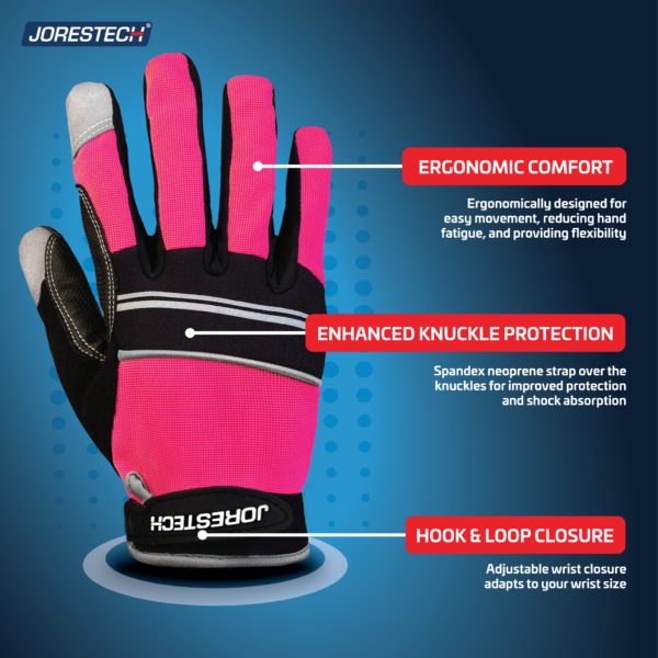 Guantes de trabajo diseñados ergonómicamente para reducir la fatiga de la mano. Protección mejorada de los nudillos con correa de neopreno spandex. Cierre de gancho y bucle para adaptarse al tamaño de la muñeca