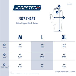 Tabla de tallas de guantes de trabajo JORESTECH recubiertos de látex