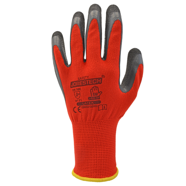 Parte frontal de un guante de trabajo de seguridad rojo y parte trasera con palmas recubiertas de látex