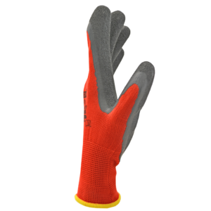 Vista lateral de guantes de trabajo de seguridad rojos y negros con palmas recubiertas de látex