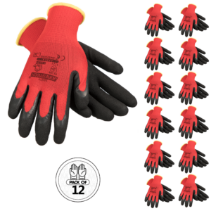 Pack de 12 guantes de seguridad para trabajo rojos y negros con palmas recubiertas de látex