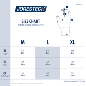 Tabla de tallas para guantes de seguridad JORESTECH recubiertos de nitrilo, paquete de 12