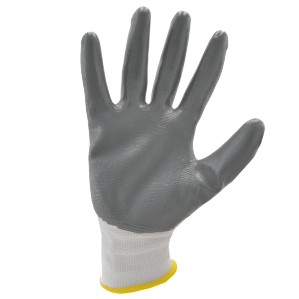 Lado de la palma gris del guante de seguridad JORESTECH con palmas recubiertas de nitrilo.